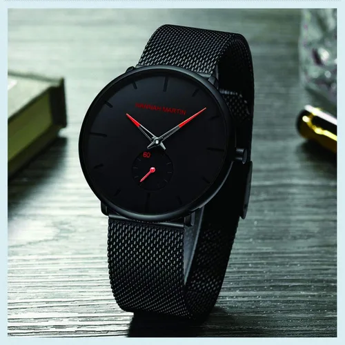 Miniatura 5 de HANNAH MARTIN Reloj de pulsera ultrafino negro para hombre, vestido impermeable de moda, correa de acero inoxidable
