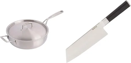 Babish Sartén de acero inoxidable de tres capas de grado profesional con tapa, 5 cuartos de galón y cubiertos de acero alemán de alto carbono
