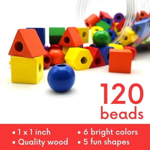 Miniatura 4 de Cuentas de madera con cordones para niños pequeños de 1-3 y 3-5 – 125 piezas con bañera de almacenamiento Cuentas de cuerda para niños pequeños