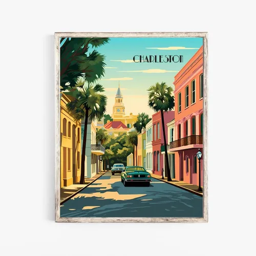 Turnip Designs 8X10 sin marco Charleston Carolina del Sur Retro Ciudad Urbano Paisaje Arte Impresión Póster Ilustración Decoración del Hogar RC005