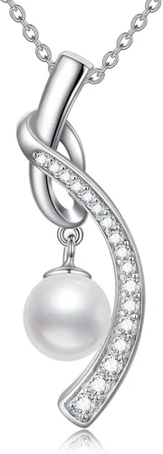 Zoeniya Half Infinity - Collar con colgante de perlas cultivadas de agua dulce blanca auténtica de plata de ley s925 y circonita cúbica, diseño de