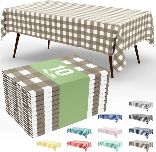 Miniatura 71 de Smiry Paquete de 3 Manteles Desechables de Cuadros Gingham Color Caqui - 54" x 72" Mantel de Plástico de Servicio Pesado, Cubiertas de Mesa