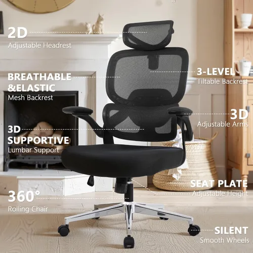 Miniatura 5 de Silla de oficina ajustable, silla de computadora ergonómica con soporte lumbar y reposacabezas, silla ejecutiva de respaldo alto con función