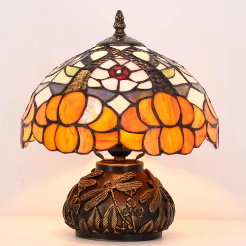 Miniatura 3 de Lámpara de mesa pequeña Tiffany estilo flores naranjas lámpara de escritorio de 10 x 11.5 pulgadas con forma de hongo para oficina, hogar, sala