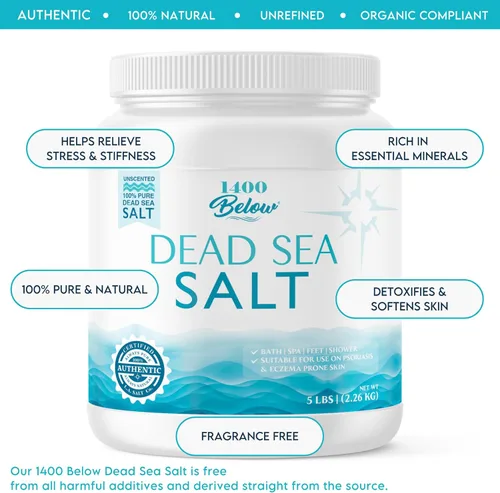Miniatura 2 de LA SALT CO 1400 por debajo de 5 libras en tarro de sal del mar muerto, grano fino – baño de pies y spa, exfoliante corporal, 100% puro y rico