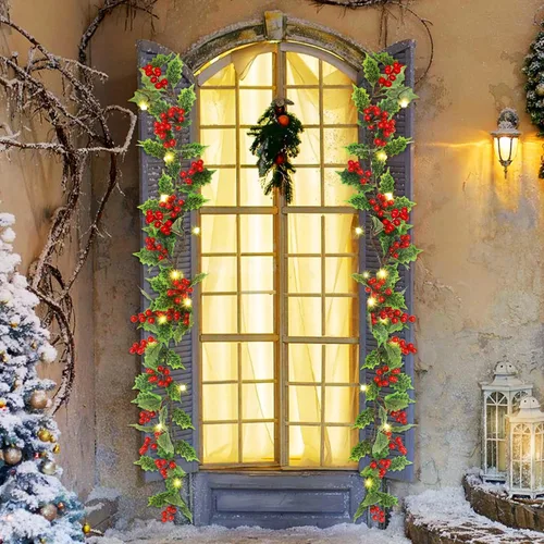 Miniatura 6 de ATDAWN - Guirnalda de Navidad Iluminada de Bayas Rojas de 7 Pies, Guirnalda Navideña Operada a Pilas con Luces, Guirnalda Artificial Flexible