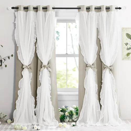 Miniatura 24 de PONY DANCE Cortinas con Volantes de Doble Capa con Superposición Transparente, Decoración Elegante para Ventanas de Diseño Rústico Francés de Campo