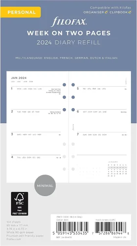 Filofax Recambio de diario de calendario, tamaño personal/compacto, semana a vista, paquete de diario mínimo, libro blanco, multilingüe: cinco