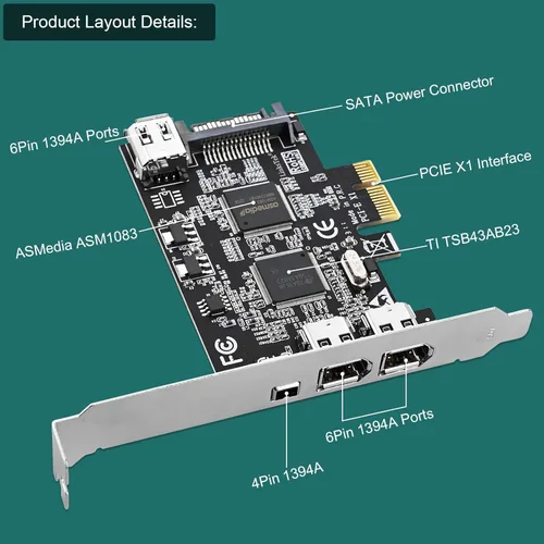 Miniatura 6 de Tarjeta PCIE 1394A Firewire 400 de 4 puertos para Windows OS y PC MAC OS, TI TSB43AB23, 3 x 6 pines y 1 interfaz 1394A de 4 pines, con cables de 4