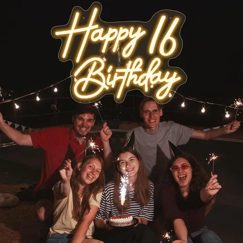 Miniatura 2 de Letrero de neón de feliz cumpleaños 16 de 15.7 x 11.8 pulgadas, letrero de neón de feliz cumpleaños para telón de fondo con interruptor regulable