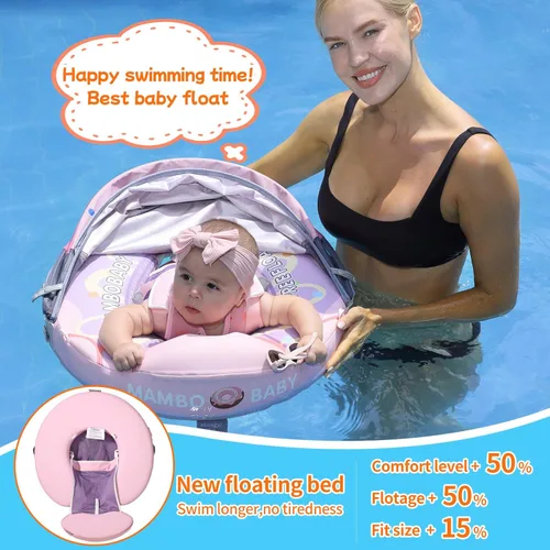 Miniatura 5 de Mambobaby Flotador con Toldo y Cola Nuevo Mejorado Flotador de Piscina No Inflable para Bebé Flotador de Natación Mambo Entrenador de Natación Rosa
