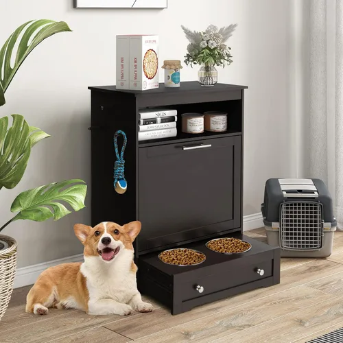 Miniatura 2 de Estación de Alimentación Gabinete de Comida para Perros con 2 Cuencos Elevados, Cuenco Elevado Extraíble para Perros, Almacenamiento, 3 Ganchos