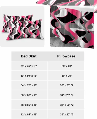 Miniatura 6 de Falda de cama rosa y negra para cama de tamaño Queen, falda de ropa de cama envolvente con volantes de polvo reunido con 2 paquetes de fundas