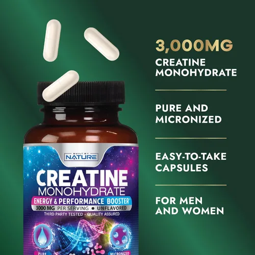 Miniatura 3 de Built by Nature Píldoras de monohidrato de creatina, suplemento de creatina micronizada para hombres y mujeres, fuerza muscular, energía