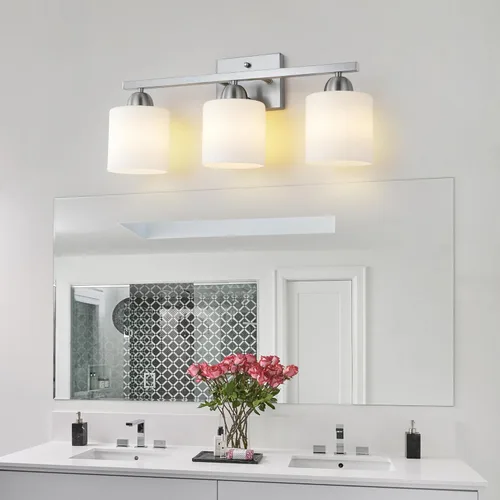 Miniatura 2 de Mecgirn Luces de tocador de vidrio de leche de acero inoxidable para baño, 3 lámparas de baño de níquel cepillado sobre espejo, enchufes E26