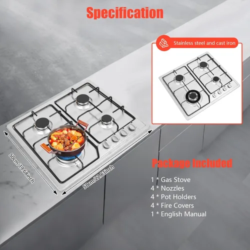 Miniatura 2 de Estufa de gas integrada de 23 x 20 pulgadas con 4 quemadores, estufa de gas de acero inoxidable con placa de propano de doble combustible de GN/LPG