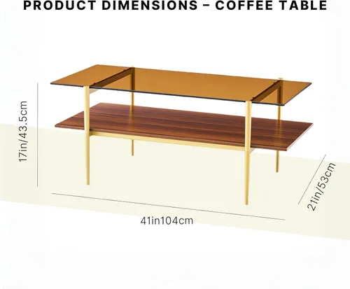 Miniatura 2 de Shrine - Mesa de café rectangular, diseño moderno de mediados de siglo, estructura de 2 niveles, parte superior de vidrio ámbar y estante de MDF