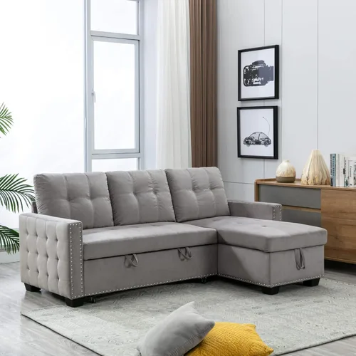 Sofá modular con cama extraíble, sofá esquinero tapizado de terciopelo de 76.8 pulgadas con marco de madera maciza de 2 asientos y diván de Gris