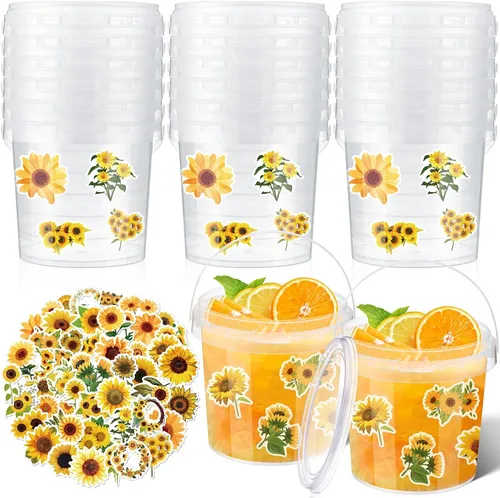 Miniatura 9 de PerKoop 20 cubos de helado de 32 onzas con tapas y asas, cubos transparentes de ron de cóctel con calcomanías, tina transparente de plástico