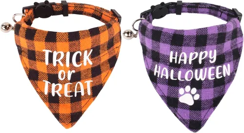 ADOGGYGO Collares de gato de Halloween separables con campana, paquete de 2 collares ajustables de cuadros naranja y morado de Halloween para gatos
