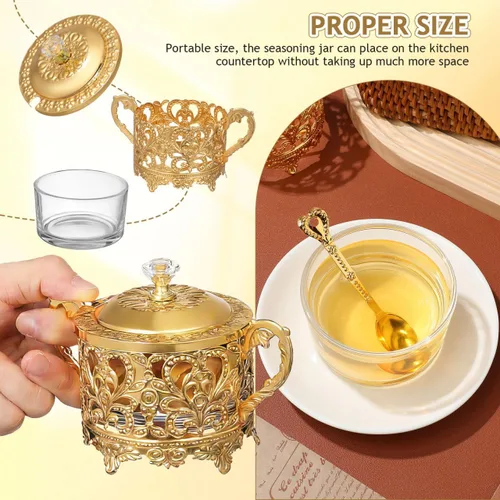 Miniatura 6 de Azucarero, 2 juegos de azucarero turco con tapa y cuchara, macetas de condimentos, caja de condimentos, tarro de cristal dorado en relieve