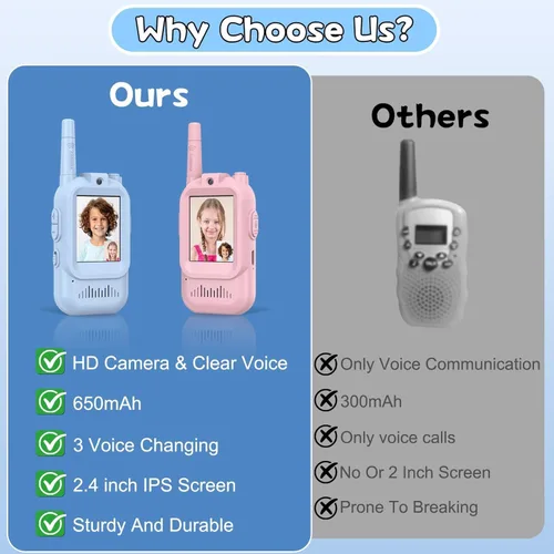 Miniatura 6 de Walkie Talkie para niños con video, paquete de 2 juguetes recargables para niños pequeños con cámara HD y cambiador de voz, radios bidireccionales