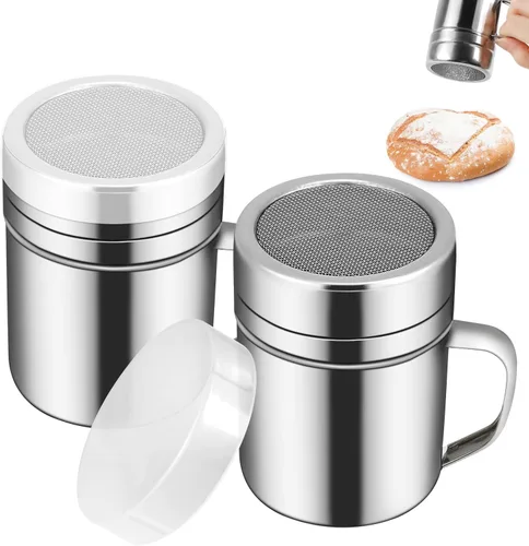 2 unidades de agitador de azúcar en polvo con asa, latas de polvo de malla fina de acero inoxidable con tapa de plástico, agitador de draga para