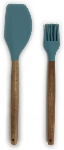 Miniatura 12 de Prepara Juego de 2 cucharones de sopa y cuchara ranurada de acacia y silicona, color verde espuma de mar