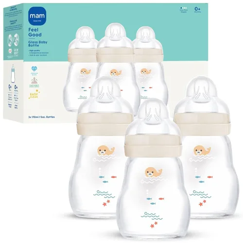 Miniatura 14 de MAM Biberón de cuello ancho anticólicos de vidrio puro Feel Good de 9 onzas, pezón de silicona suave de flujo medio, fácil de limpiar, sin BPA, más