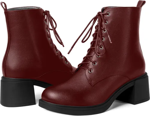 Miniatura 13 de ROSERWISH Botas altas de tacón bajo y grueso para mujer, con cordones, cómodas, modernas, con puntera redonda, de 2.5 pulgadas