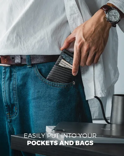 Miniatura 6 de VULKIT Cartera desplegable para tarjetas de crédito con ranuras de cuero adicionales con bloqueo RFID, funda delgada de metal para tarjetas, Carbon