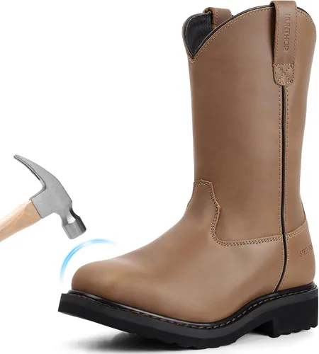 Miniatura 9 de Botas de trabajo con punta de acero para hombre, a prueba de pinchazos con suela media de EVA, GoodyearWelt, cuero de grano completo, resistente al