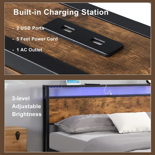 Miniatura 8 de Base de cama de tamaño matrimonial con luces LED y 2 puertos USB, base de cama de plataforma de metal industrial con cabecera de madera