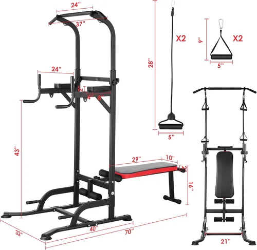Miniatura 2 de Arlopu Torre de Potencia con Banco, Soporte de Barra de Dominadas, Barra de Fondos con Banco Plegable, 4 Cuerdas Entrenamiento de Fuerza, Equipo