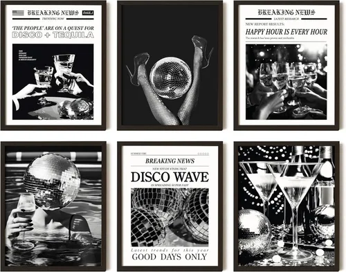 97 Decor Póster vintage de bola de discoteca, arte de pared blanco y negro, estampado de tequila de los años 70, imágenes estéticas de periódico de