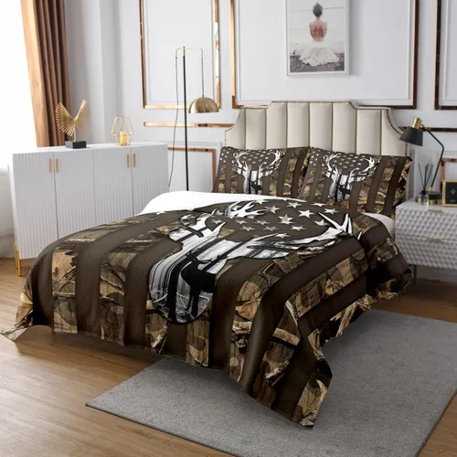Miniatura 4 de Castle Fairy Colcha con diseño de bandera de Estados Unidos, diseño de camuflaje marrón, cuernos de ciervos y animales salvajes, para dormitorio