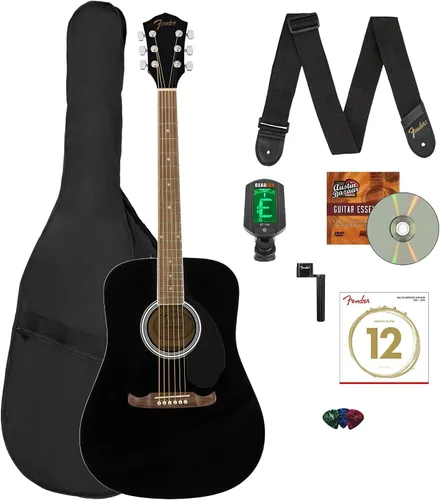 Fender FA-125 Dreadnought - Guitarra con estuche, afinador, correa, cuerdas, enrollador de cuerdas, púas y DVD instructivo de Austin Bazaar, color