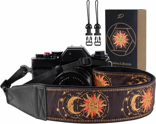 Padwa Lifestyle Helios Moon God - Correa de cámara de cuero de grano completo de 2 pulgadas para fotógrafos, tejido de algodón bordado vintage, tela