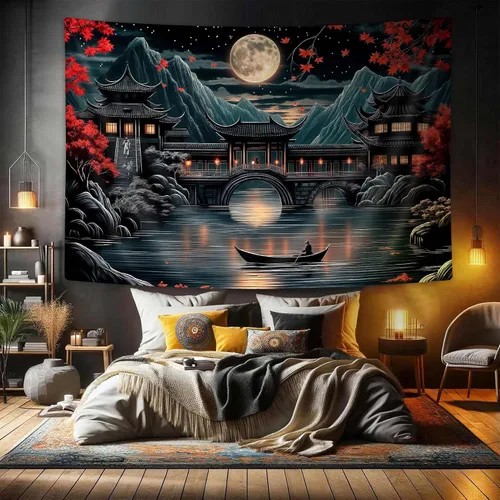 Miniatura 5 de Uokiuki Tapiz de anime japonés, tapiz de luna llena de luna llena de luna llena negro y rojo para colgar en la pared, tapiz estético de paisaje