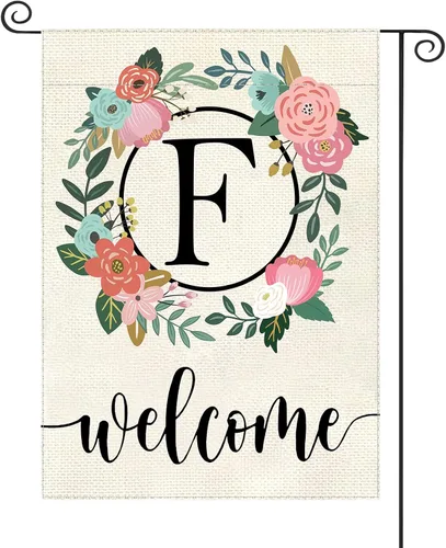 Miniatura 12 de Bandera de jardín con letra monograma, floral, 12 x 18 pulgadas, doble cara para exterior, pequeña de arpillera, familia, apellido, bandera inicial