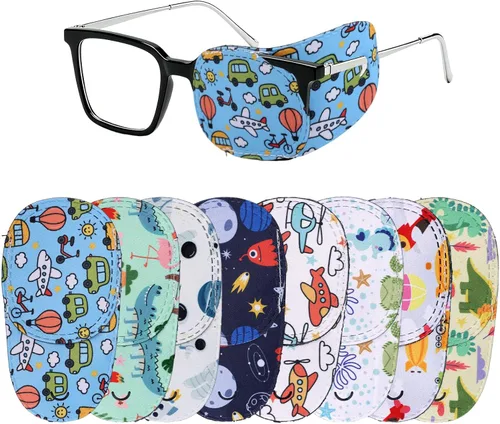 8 parches para ojos para niños, 3.9 x 2.0 in/4 x 2 pulgadas, poliéster, 8 estilos, divertido, colorido, reutilizable, patrón de dibujos animados,