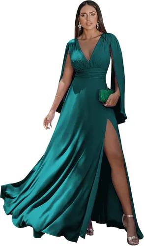 Miniatura 20 de Women's Long Sleeve Bridesmaid Dresses V-Neck Chiffon Ruched Formal Dress Evening Gown with Slit