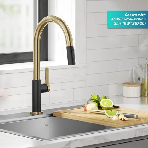 Miniatura 3 de Kraus Oletto - Grifos de cocina de arco alto con un solo mango extraíble, en latón cepillado/negro mate, grifos de cocina con rociador extraíble