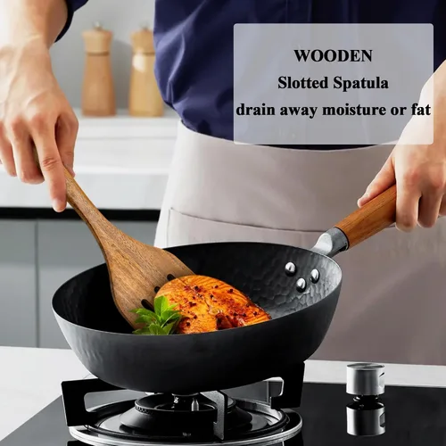 Miniatura 5 de Espátula de Madera Antiadherente Volteador de Madera de Acacia, Espátulas Planas para Freír con Mango Largo de 12 Pulgadas Hechas a Mano