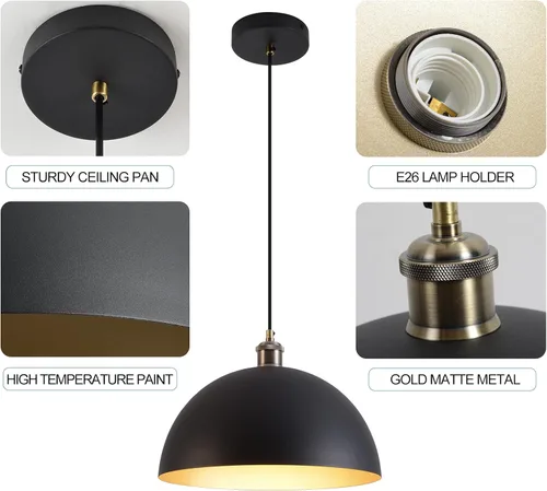 Miniatura 3 de Lámpara Colgante Vintage Negra y Dorada de 13.7'' Lámpara Colgante de Cúpula Retro de Granja Candelabro Industrial Moderno con Longitud de Cable