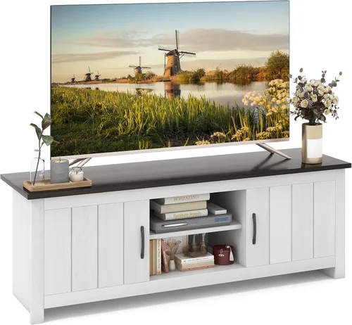 Tangkula Soporte de TV de 2 puertas para televisores de hasta 65 pulgadas, mesa consola de TV de 57 pulgadas con 2 gabinetes y estantes abiertos,
