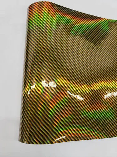 Miniatura 2 de Rollo de película adhesiva holográfica de fibra de carbono brillante CF para automóvil (3 x 5 pies, amarillo dorado)