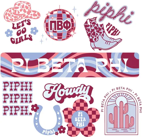 Sorority Shop Pi Beta Phi - 10 calcomanías de vinilo a todo color con diseños con licencia oficial, adhesivo extraíble, tema occidental