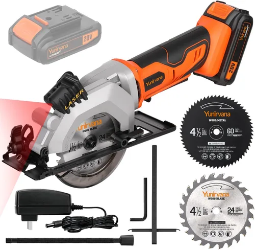 Miniatura 2 de Yunirvana Mini sierra circular, sierra circular inalámbrica profesional de 20 V 3400 RPM, ángulo y profundidad ajustables, profundidad de corte