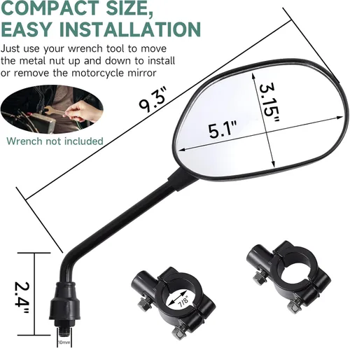 Miniatura 6 de Espejos universales para motocicleta, espejos ATV negros de 0.394 pulgadas para manillar con montaje de 7/8 pulgadas, compatible con Honda Yamaha